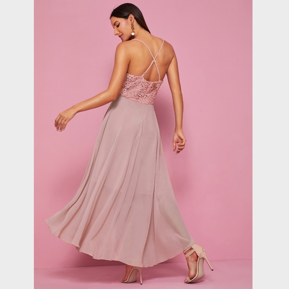 Pink Lace Detail V-Neck Cami Flared Maxi Dress - Picture 4 of 8